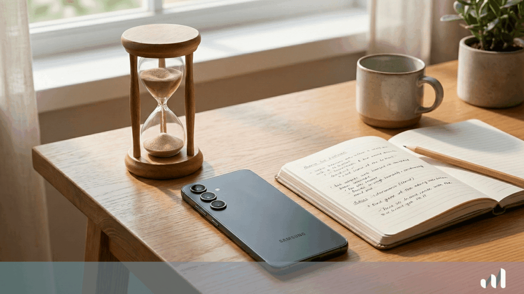 un téléphone samsung posé sur la table à côté d'un cahier