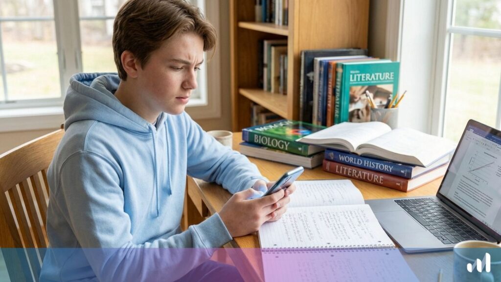 jeune eleve avec un telephone portable dans les mains au lieu de reviser