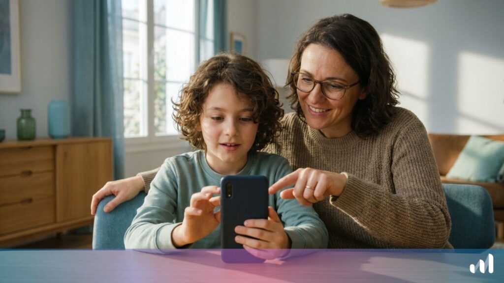 un enfant configure son premier téléphone avec sa mère