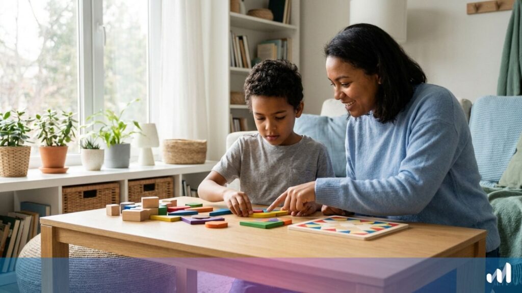 un enfant et sa mere devant un jeu de logique