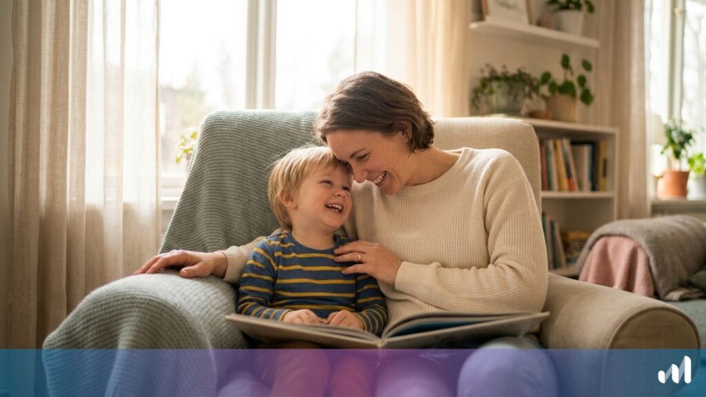 photo d'une maman et son enfant devant un livre