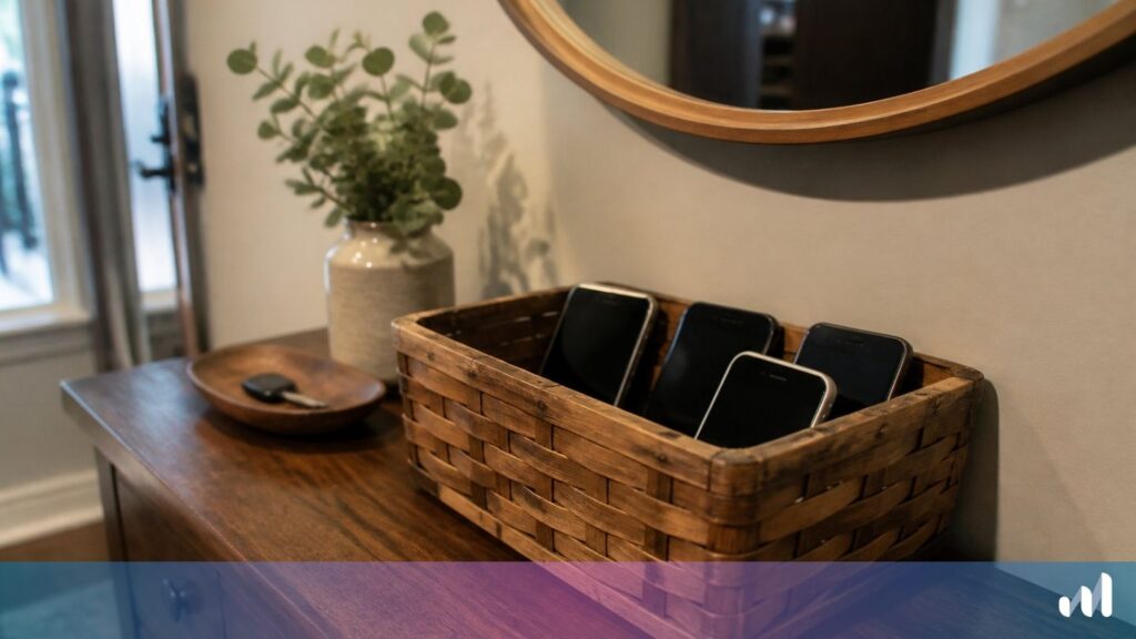 telephones dans un panier sur le meuble